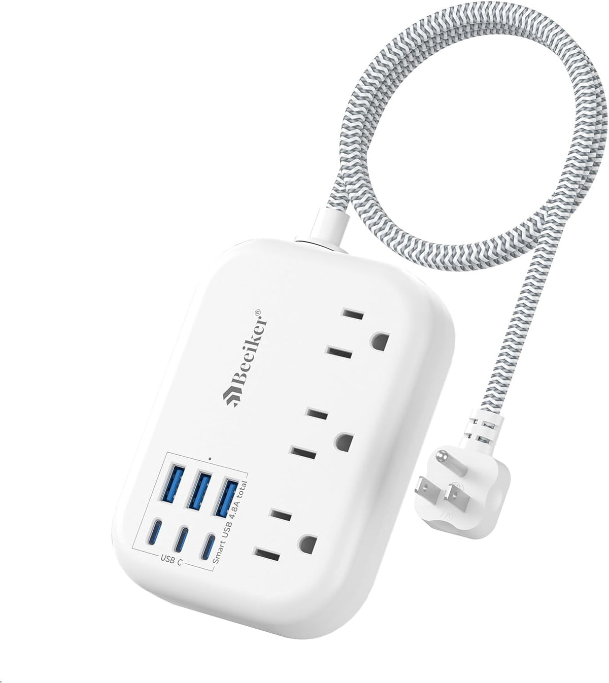 6 USB(3 USB C) Power Strip- Travel Power Strip with 6 USB Desktop Charging Station 24W/4.8A and 3 Outlets, 5Ft Flat Plug Braided Extension Cord, Non Surge Protector for Cruise Ship Travel Office Dorm