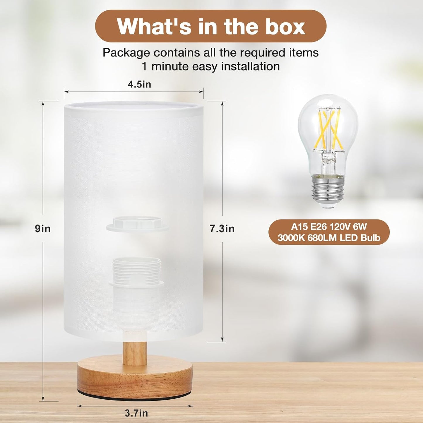 Fenmzee Small Table Lamp for Bedroom - Inline Control, Bedside Lamp with 3000K A15 LED Blub, Easy Assembly (Cream Shade - Wood Base, 9" Inline Control)