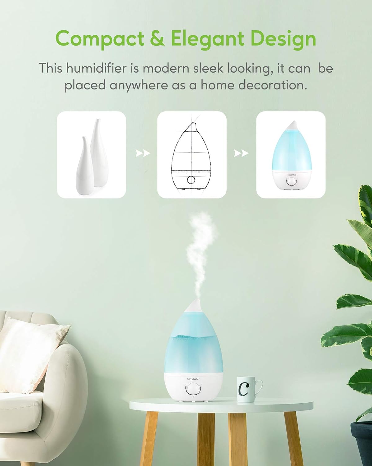 MegaWise Ultrasonic Cool Mist Humidifier SK7620 - 1.5L Capacity, Whisper-Quiet Operation, Adjustable Mist Output, Auto Shut-Off - Ideal for Home, Office, Baby Room, and Bedroom