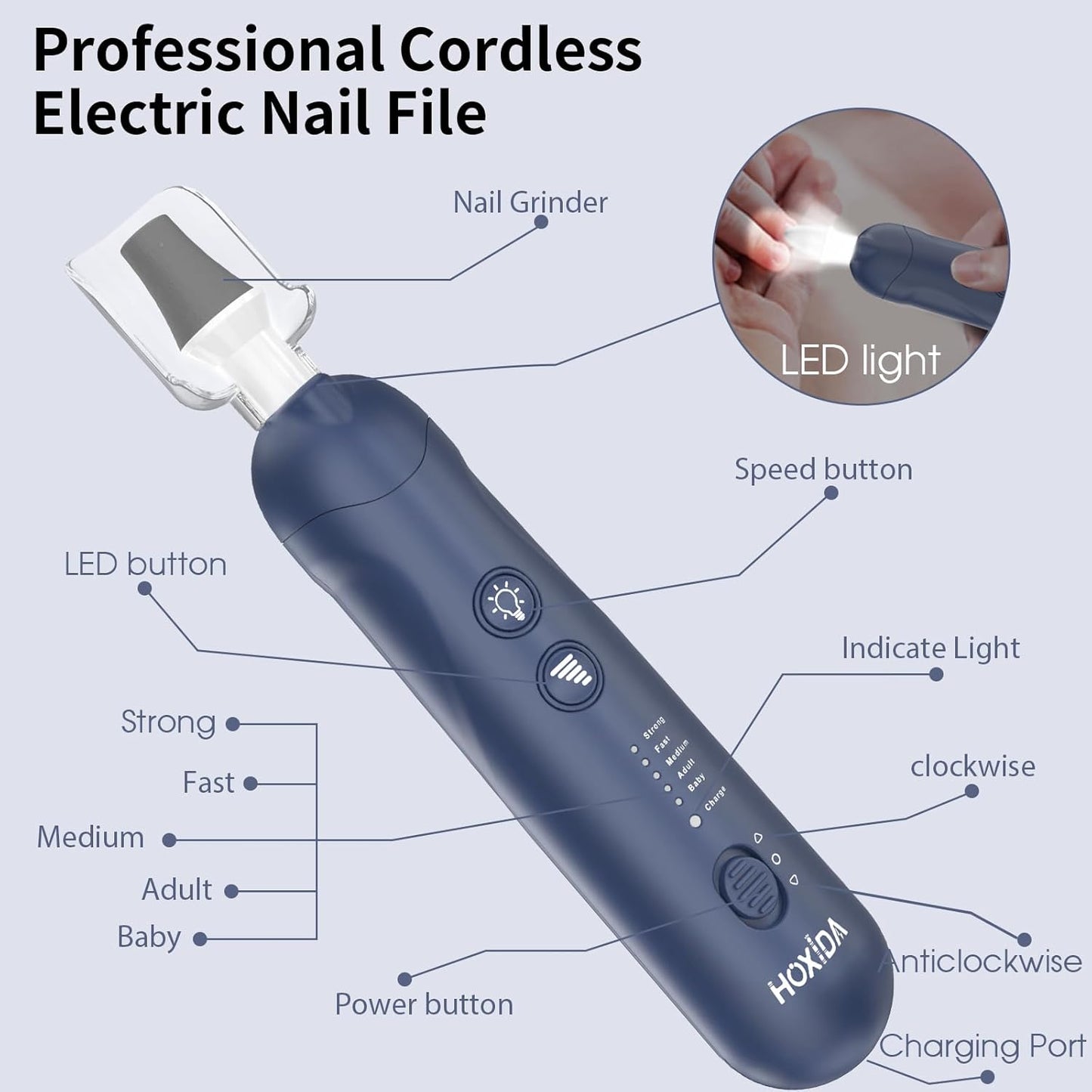 Hoxida Manicure Pedicure Kit, Professional Nail Grinder for Senior Thick Toenail, Cordless Electric Nail File, 5 Speeds Pedicure Tools for feet Callus Remover, Nail Drill for Women Hand Feet Care
