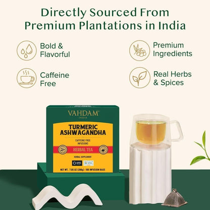 VAHDAM Organic Turmeric Ginger Herbal Tea Bags (100 Pyramid Tea Bags) Caffeine Free, Non GMO | 100% Pure Herbal Blend - Savory & Spicy, Plant-Based Teabags | Resealable Ziplock Pouch