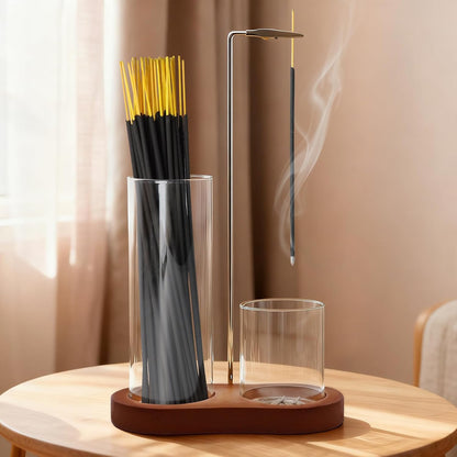 Incense Holder, 2 in 1 Incense Sticks Burner with Glass Ash Catcher & Stick Storage, Meditation Yoga Spa Gifts for Women, House Warming Gifts New Home Wooden Aesthetic Room Decor, Rustic Brown