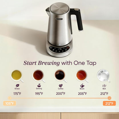 Cosori Electric Kettle, Plastic-Free Interior, 5 Presets ±5℉ Temperature Control, Fast Boiling, 2 Lid Opening, 60Min Keep Warm, Stainless Steel Tea Kettle for Tea, Hot Water, Boil Water, Coffee, 1.7L