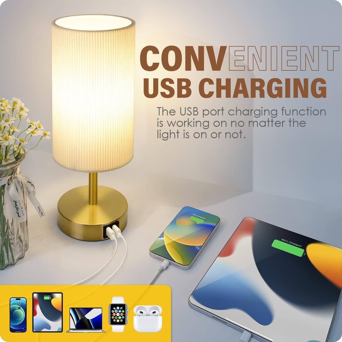 Yarra-Decor Bedside Table Lamp with USB Ports - Touch Control for Bedroom 3 Way Dimmable Nightstand Lamp with Round Fabric Shade for Living Room, Dorm, Home Office, Corded Electric, Without Battery