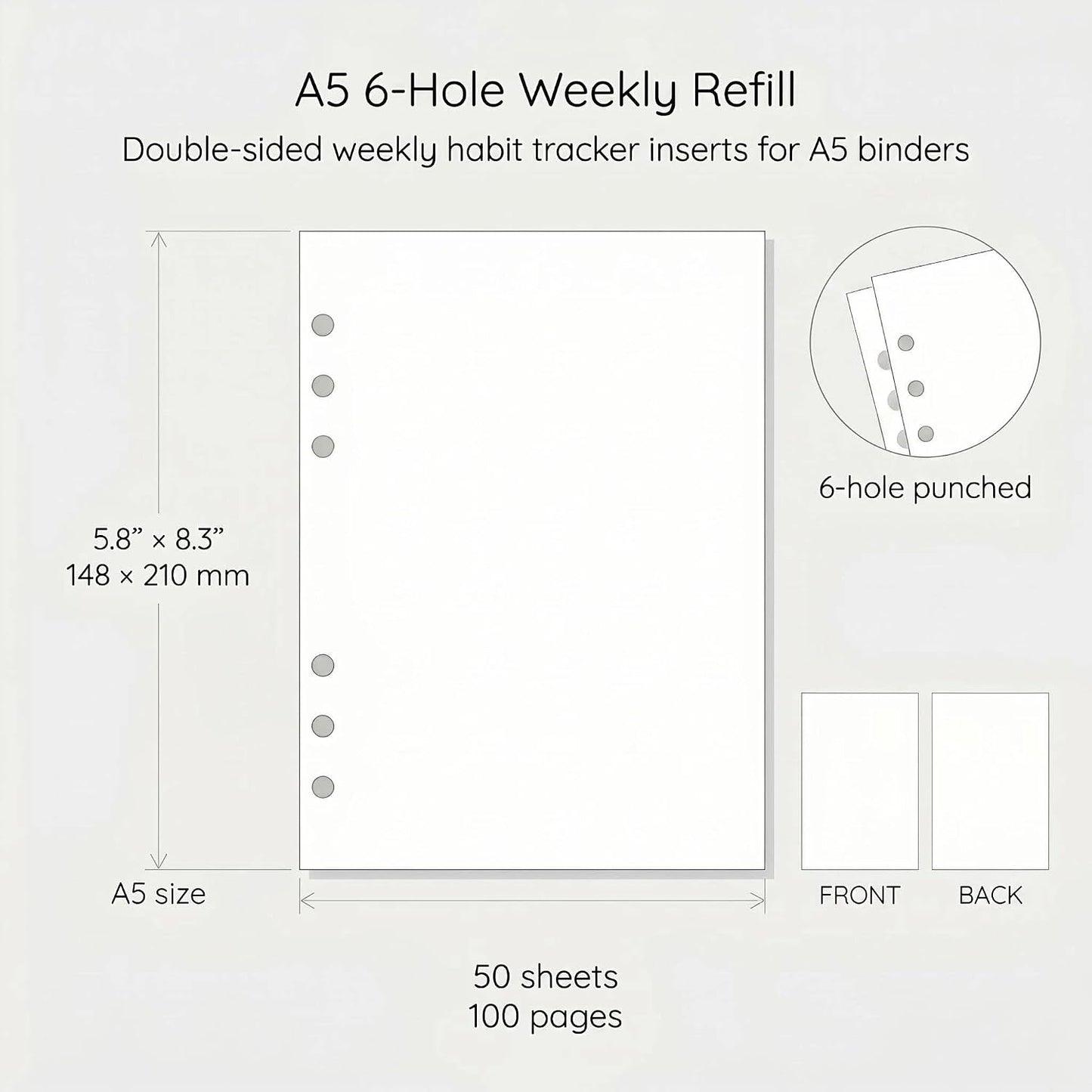 A5 Weekly Habit Tracker Inserts - Motivation & Rewards Pages for Weekly Goals and Consistency, Double-Sided 6-Hole Refill for A5 Binders, 50 Sheets, 100 Pages