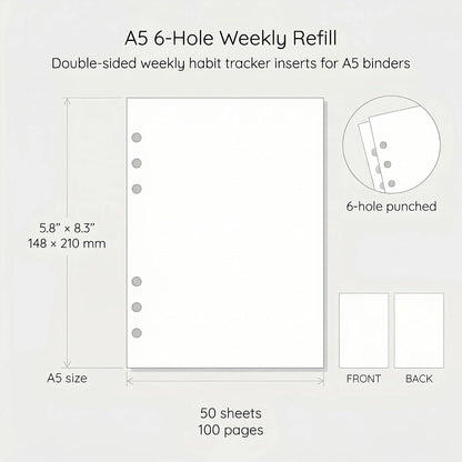 A5 Weekly Habit Tracker Inserts - Motivation & Rewards Pages for Weekly Goals and Consistency, Double-Sided 6-Hole Refill for A5 Binders, 50 Sheets, 100 Pages