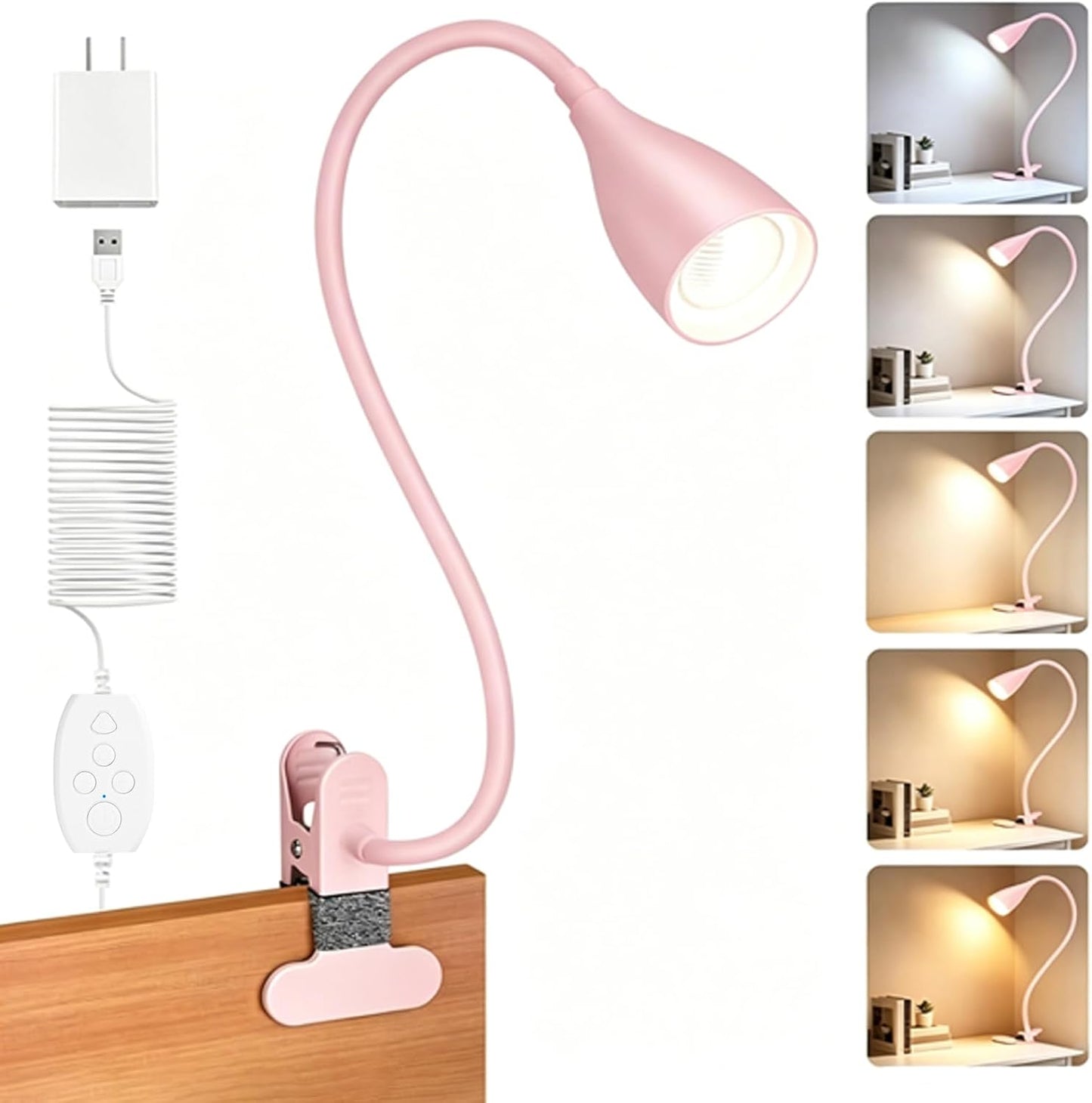 Reading Light for Book in Bed, Clip on Light Reading Lamp with Adapter, 5 Color Modes 10 Brightness, 360° Flexible Eye-Caring Clip on Desk Lamp Book Light for Reading in Bed Headboard Bedside Bedroom
