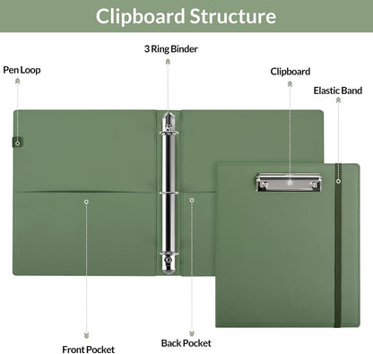 SKYDUE 3 Ring Binder with Clipboard, 13.2" × 10.2" Faux Leather 1 Inch Binder Organizer with 5 Pocket Dividers, Notepad, Labels & 2 Storage Pockets for Teachers, Students, Nurses & Office Work