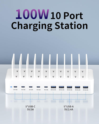 100W Charging Station for Multiple Devices, 10-Port USB Fast Charger, Black