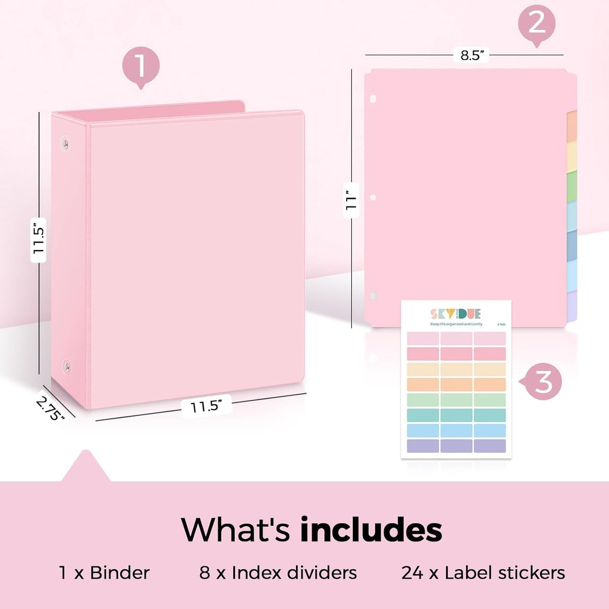 SKYDUE 1 Inch 3 Ring Binder with 8 Tab Dividers & 24 Labels, Pastel Binder Organizer for Letter Size Paper, Aesthetic School Binder for Notes, Documents, Office & Home Organization, Purple