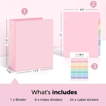 SKYDUE 1 Inch 3 Ring Binder with 8 Tab Dividers & 24 Labels, Pastel Binder Organizer for Letter Size Paper, Aesthetic School Binder for Notes, Documents, Office & Home Organization, Purple