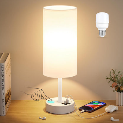 Dicoool Touch Bedside Table Lamp with USB - 3 Way Dimmable Wood Lamp for Bedroom Nightstand, Desk Lamp with Charging Station for Dorm, Living Room, Office, Kids Room, Small, 14in