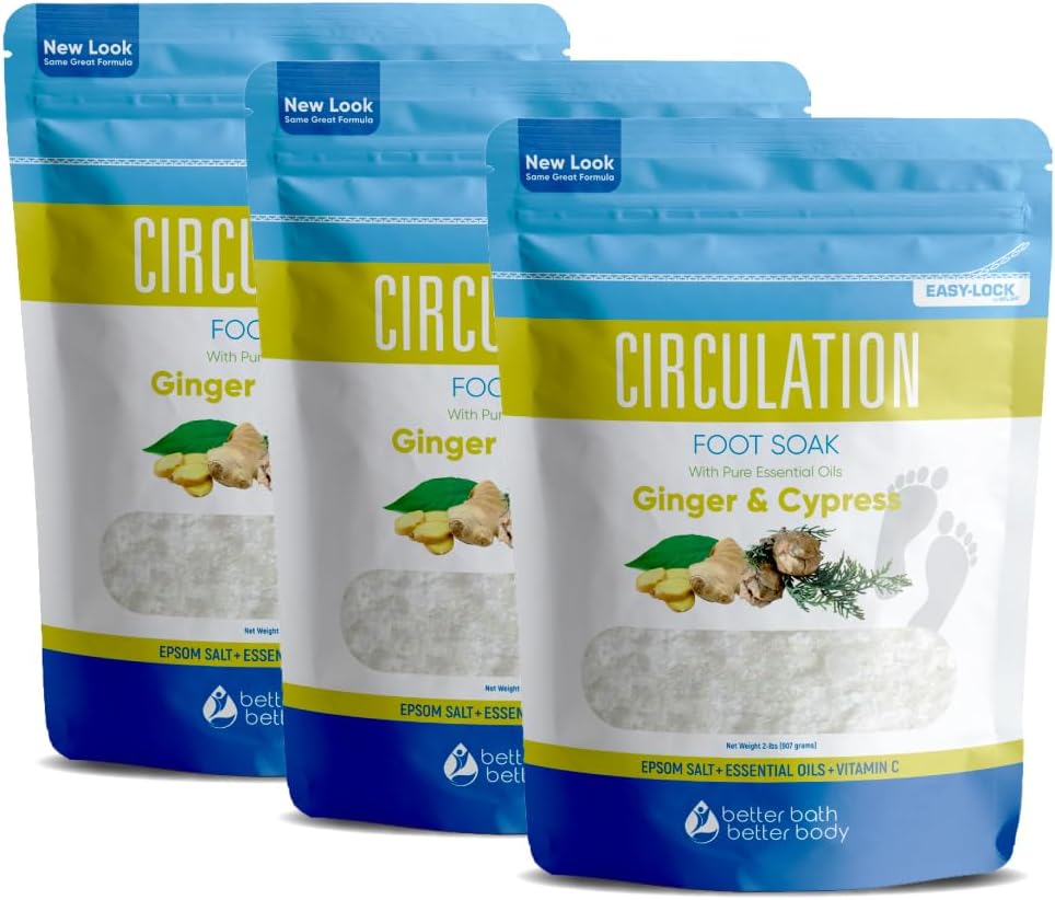 Circulation Foot Soak 32 Ounces (2 Lbs) Epsom Salt with Pure Essential Oils Ginger and Cypress Essential Oils Plus Vitamin C in BPA Free Pouch with Easy Press Lock Seal