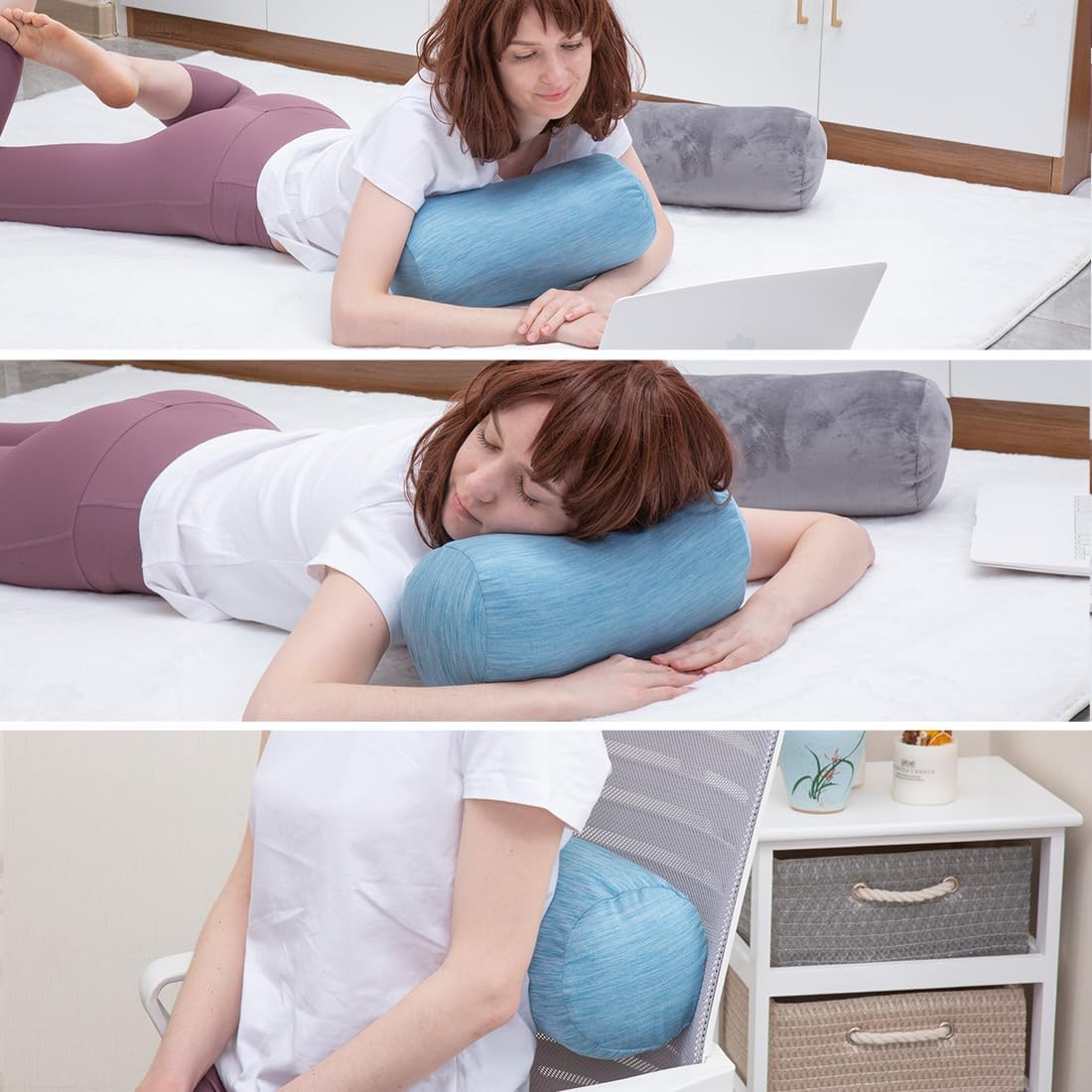 1 MIDDLE ONE Round Cylinder Bolster Pillow with Removable Velvet Cover, Tube Roll Cervical Pillow for Head, Neck, Back and Legs Support, 13"x 6", Blue