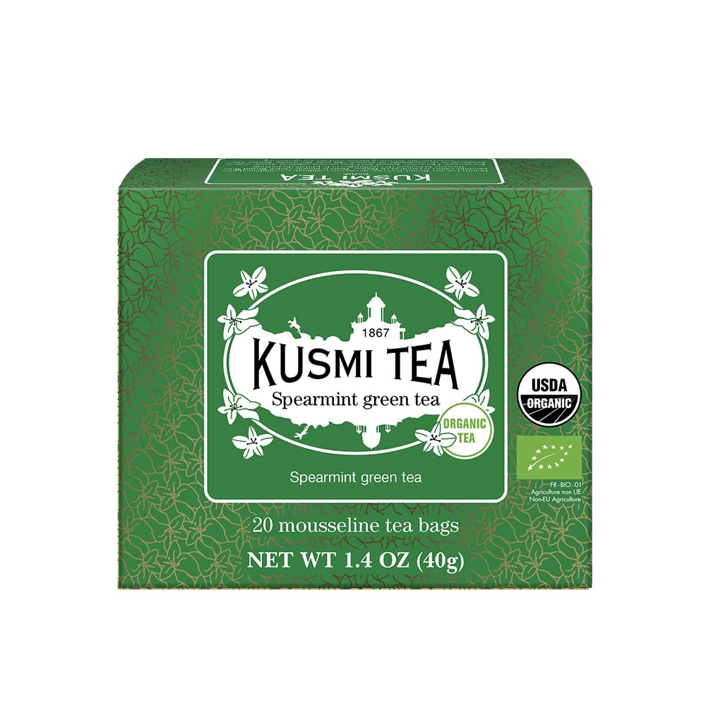 Kusmi Tea - Spearmint Green - Organic Blend of Gunpowder Green Tea with Mint - Peppermint Tea - Enjoy Hot or Ice - Organic Flavored Green Tea - 20 Tea Bags