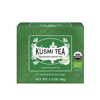 Kusmi Tea - Spearmint Green - Organic Blend of Gunpowder Green Tea with Mint - Peppermint Tea - Enjoy Hot or Ice - Organic Flavored Green Tea - 20 Tea Bags