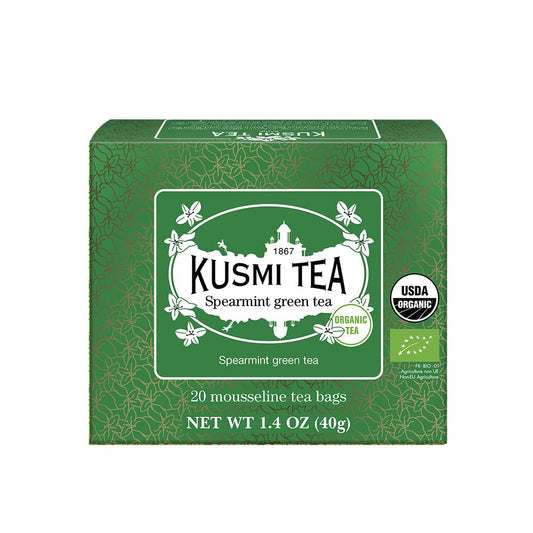 Kusmi Tea - Spearmint Green - Organic Blend of Gunpowder Green Tea with Mint - Peppermint Tea - Enjoy Hot or Ice - Organic Flavored Green Tea - 20 Tea Bags