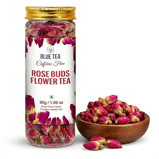 BLUE TEA - Rose Buds Tea - 1.05 Oz (30+ Cups) Loose | Rich in Vitamin-C - For Hair & Skin | Caffeine Free - Flower Based - Herbal Tea - Non Bitter | Reusable Pet Jar