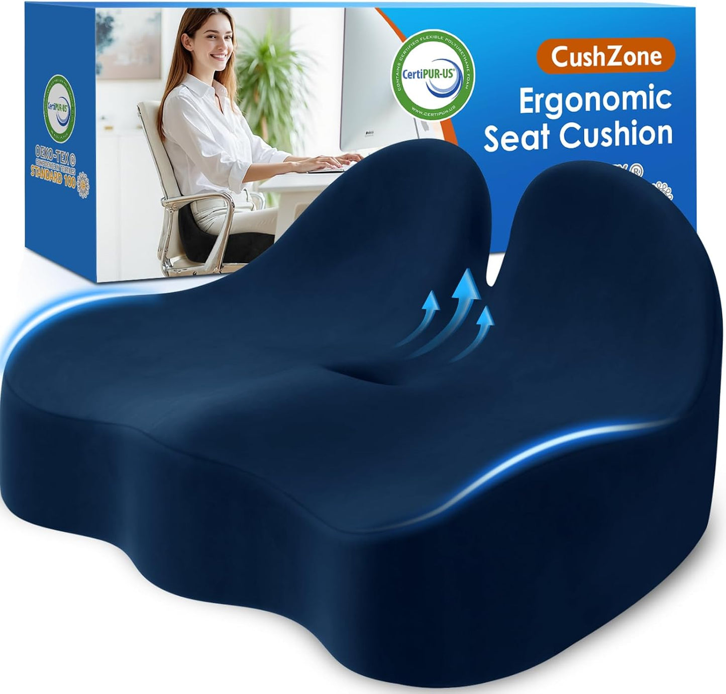 CushZone Seat Cushion, Ergonomic Memory Foam Seat Cushions for Office Chairs, Car, Long Trip, Desk Chair, Lab, Extra Large Size for Sciatica & Hip & Tailbone Pain Relief, Sciatica Support (Black)