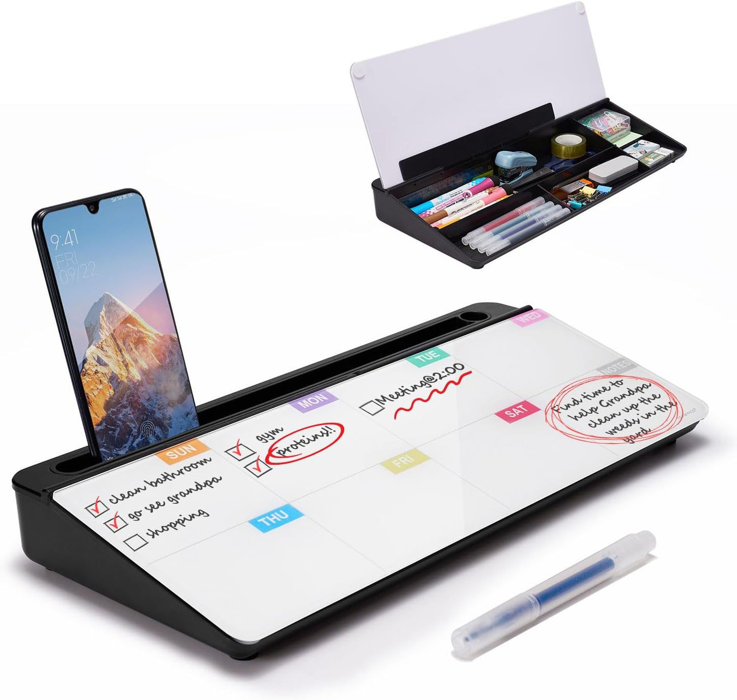 TSJ OFFICE Whiteboard Weekly Dry-Erase-Board - Desktop White Board Calendar Desk Organizers with Accessories Computer Keyboard Stand with Drawer, for Office, Home, School Supplies - White Calendar