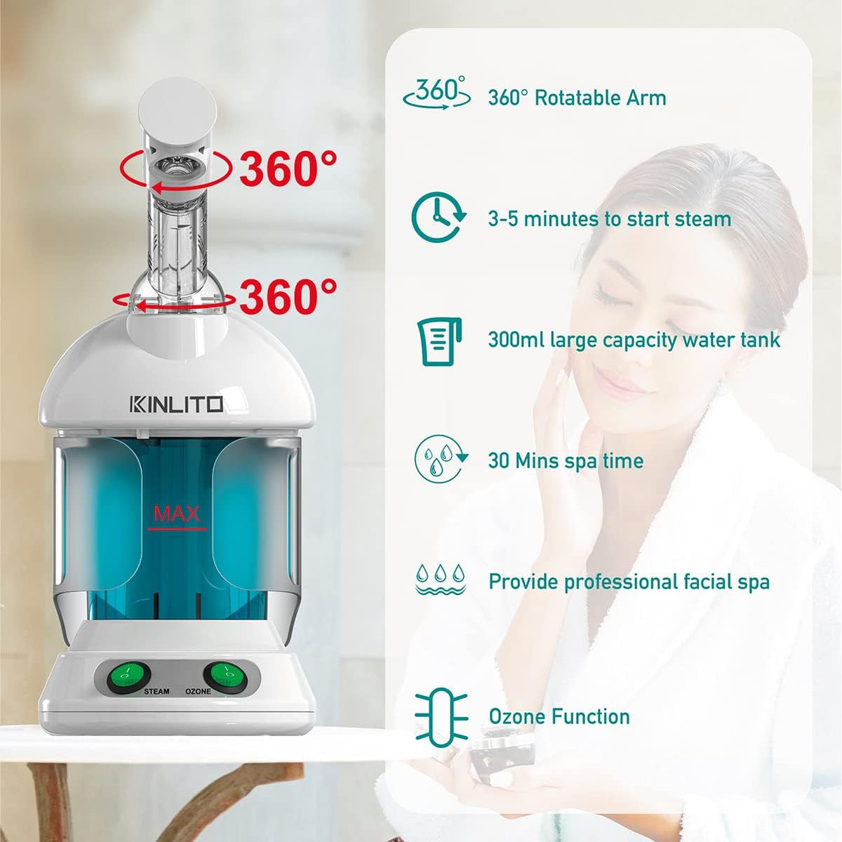 KINLITO Facial Steamer Ozone 360° Arm - Nano Ionic Warm Mist for Home Spa