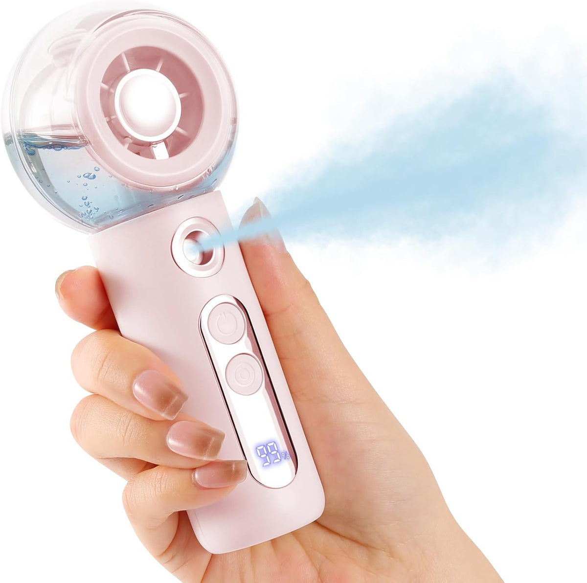 TOBTOS Handheld Misting Fan Portable, Powerful Turbo Airflow, Rechargeable Mini Personal Mister Fan with Water Spray, LED Display, 4 Speeds, Cooling Fans for Travel, Beach, Girls - Pink