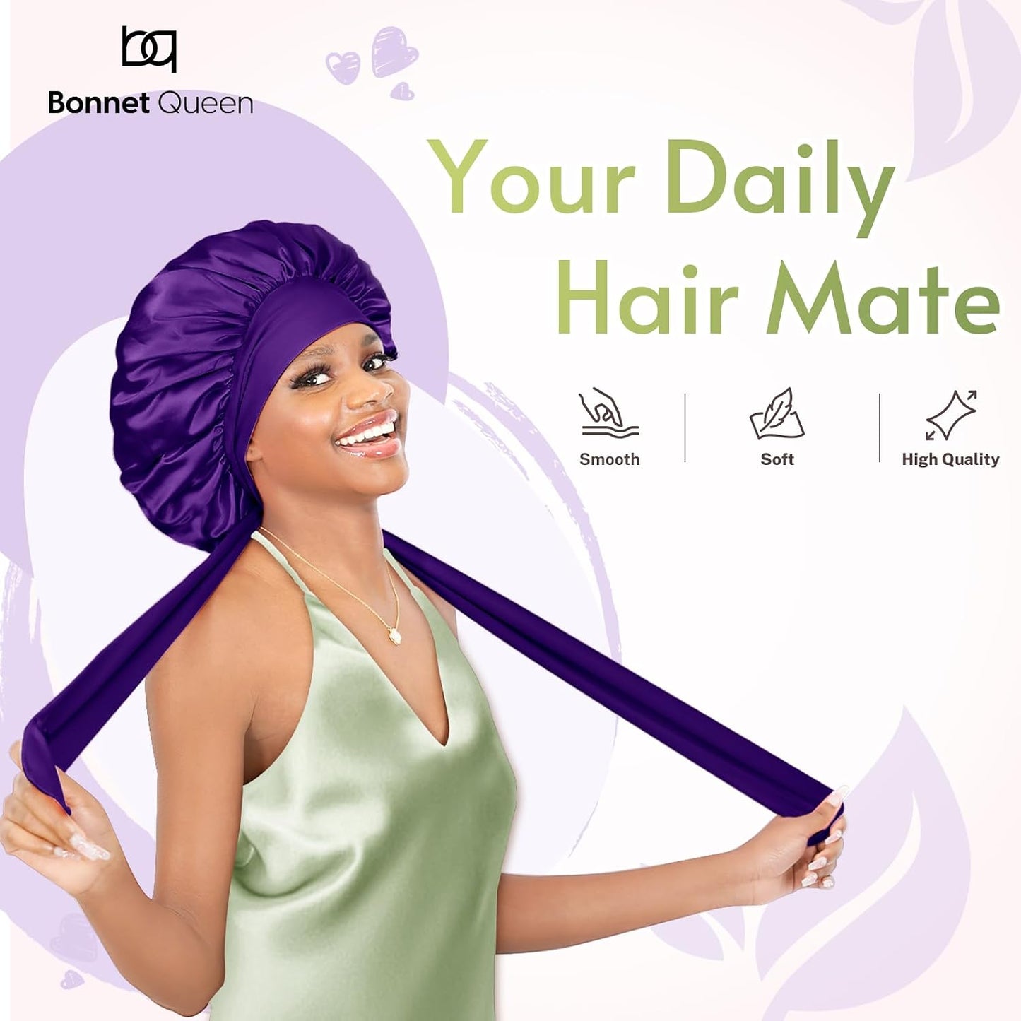 BONNET QUEEN Silk Bonnet for Sleeping for Women Satin Bonnet Night Cap for Curly Hair with Tie Band, Single Layer, Cream Pink
