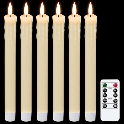 GenSwin Flameless Ivory Taper Candles Flickering with 10-Key Remote, Battery Operated Led Warm 3D Wick Light Window Candles Real Wax Pack of 6, Christmas Home Wedding Decor(0.78 X 9.64 Inch)