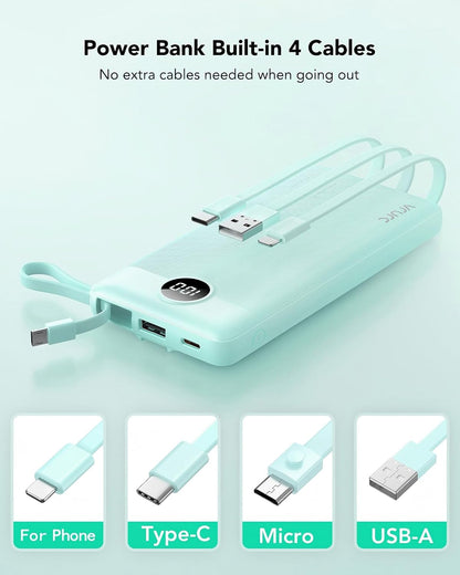 VRURC Portable Charger, Slim Power Bank Built-in 4 Cables, Travel Essential