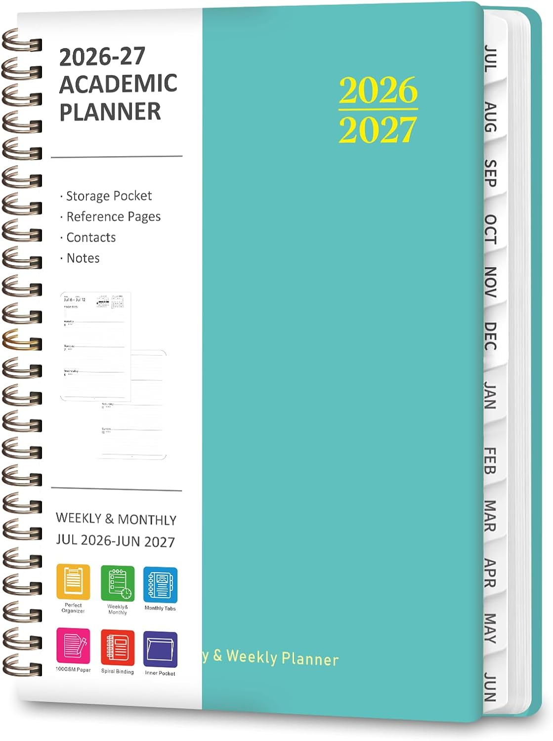 Planner 2026-2027, Weekly and Monthly Calendar Planner, JUL 2026 - JUN 2027 | A5(6.3'' x 8.5''), Hardcover, Agenda Book, Sprial Bound, Inner Pocket, Office and School Use