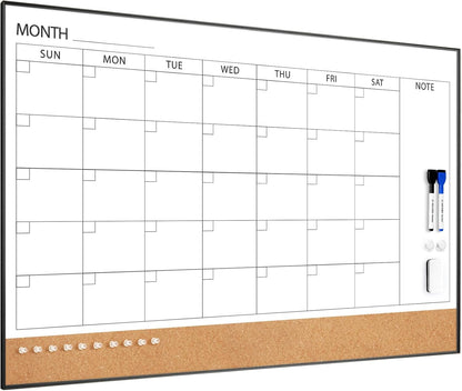 ARCOBIS Dry Erase Calendar with Cork Board for Wall, 24"x 18" Magnetic Calendar Whiteboard with Black Frame, Monthly Combination Board for School, Home, Office