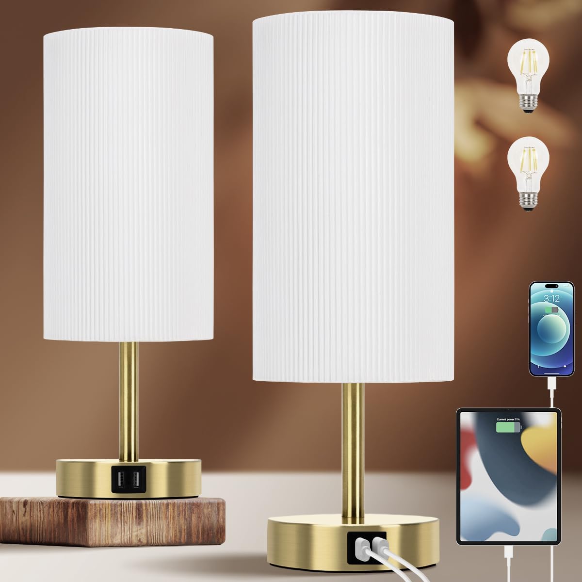 Yarra-Decor Bedside Lamps with USB Port - Touch Control Table Lamp for Bedroom Wood 3 Way Dimmable Nightstand Lamp Set of 2 with Round Flaxen Fabric Shade for Living Room, Dorm, Home Office (2 Pack)
