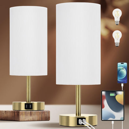 Yarra-Decor Bedside Lamps with USB Port - Touch Control Table Lamp for Bedroom Wood 3 Way Dimmable Nightstand Lamp Set of 2 with Round Flaxen Fabric Shade for Living Room, Dorm, Home Office (2 Pack)