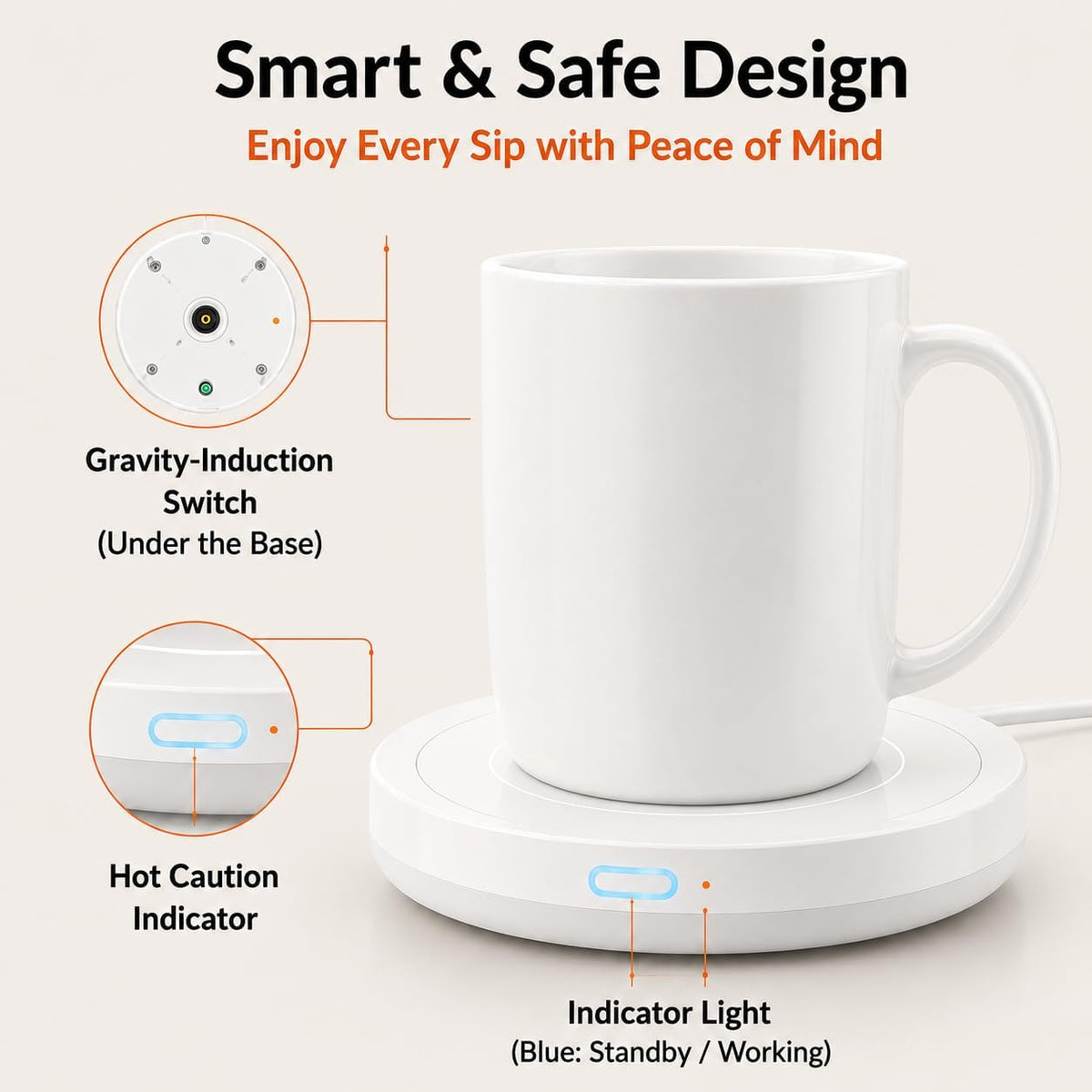 BESTINNKITS White Smart Coffee Auto On/Off Gravity-Induction Mug Office Desk Use, Candle Wax Cup Warmer Heating Plate (Up to 131F/55C)