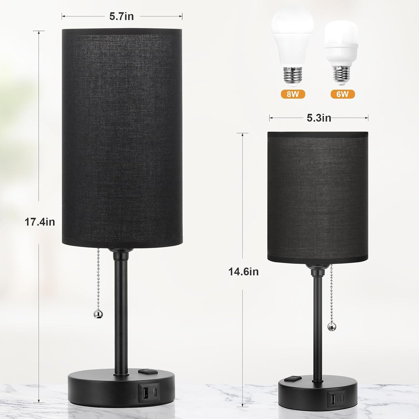 Small Bedside Table lamp for Bedroom - 3 Color Temperatures Bedside Lamps with USB C and A Ports, Pull Chain Table Lamps with AC Outlet, White Nightstand Lamps with Black Metal Base for Kids Reading