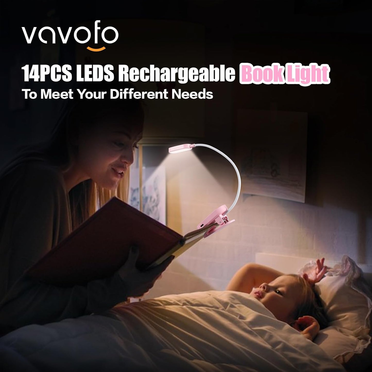 VAVOFO Rechargeable Book Light, 14 LEDs Eye Care Clip On Amber Reading Light for Bookworms Reading in Bed with 9 Colors 9 Brightness (White-Blue)