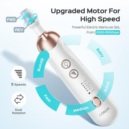 COSLUS C43 Professional Manicure Pedicure Kit, 5-in-1 Electric Nail File for Toenail Hand Feet, Basic & Thick Nails Care, Cordless, 5 Speeds, for Men Women Seniors Home Salon, Wider Grinder, White