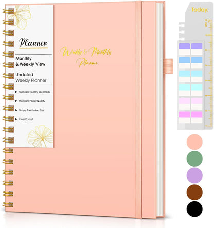 Undated Weekly and Monthly Planner, B5 Large Weekly To Do List Notebook with Goal & Habit Tracker Organizer, Hardcover Spiral Bound Blank Monthly Planner for Work School Home 7.4" x 9.64" Black