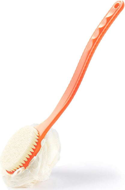 Shower Body Brush with Bristles and Loofah,Back Scrubber Bath Mesh Sponge with Curved Long Handle for Skin Exfoliating Bath, Massage Bristles Suitable for Wet or Dry, Men and Women (Blue)