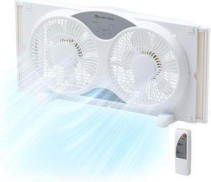 Comfort Zone Twin Window Fan with Reversible Airflow Control, 9 inch, Auto-Locking Expanders, 2 Speed Fan, Dual Fan, Exhaust, Airflow 9.84 ft/sec, Ideal for Home, Kitchen, Bedroom & Office, CZ319WT