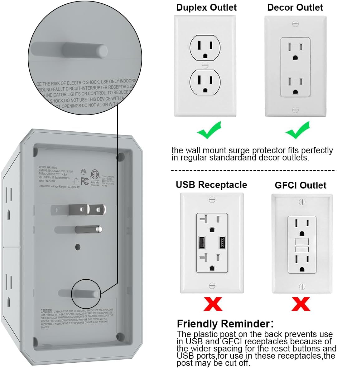 Wall Charger, Surge Protector, QINLIANF 5 Outlet Extender with 4 USB Ports