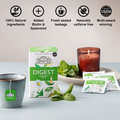 Ahmad Tea Herbal Tea, Sweet Mint, Fennel & Biotin 'Digest' Natural Benefits Teabags, 20 ct (Pack of 6) - Decaffeinated & Sugar-Free