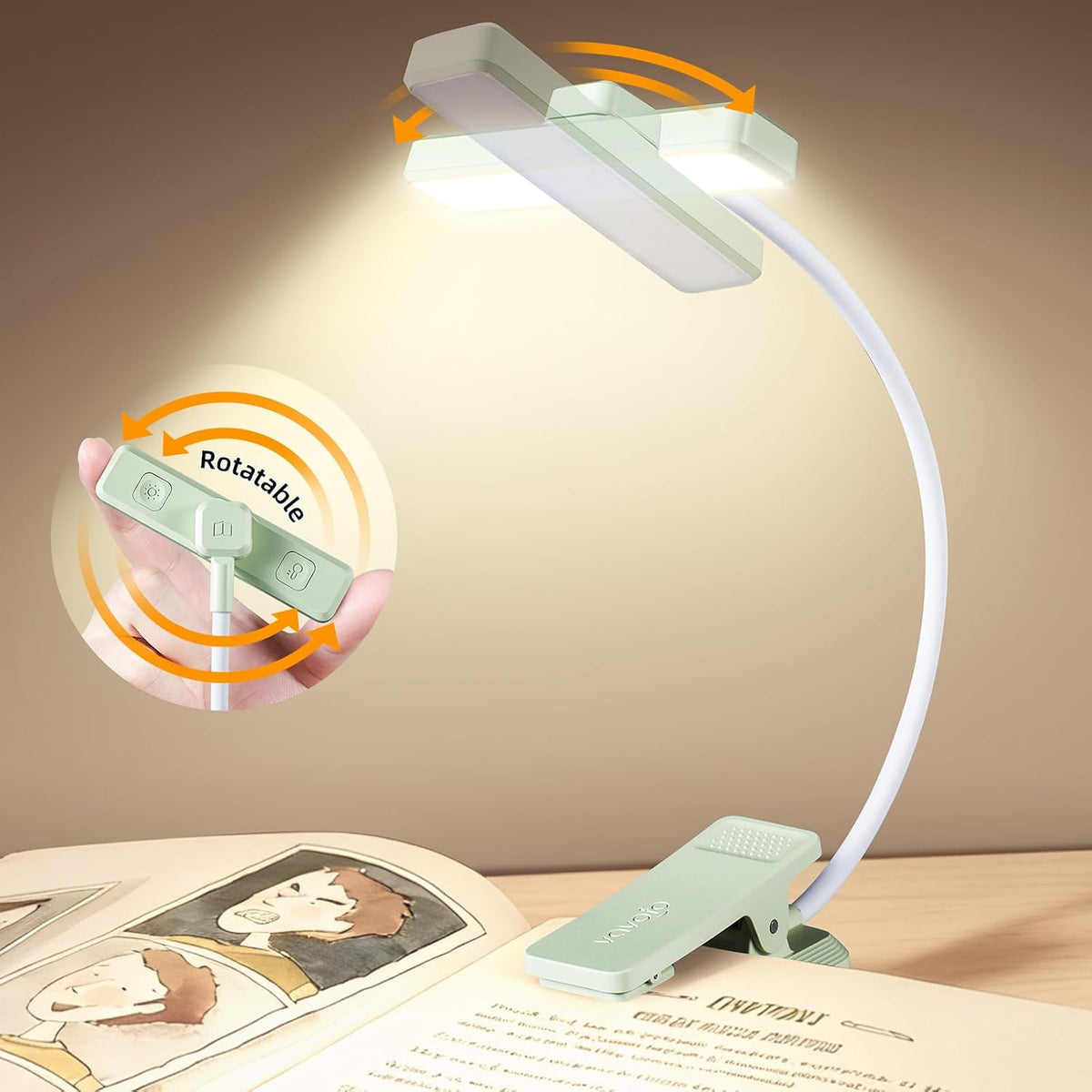 VAVOFO 24 LEDs Rotatable Book Light, Rechargeable Clip Reading Lamp