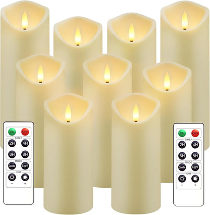 kakoya Flickering Flameless Candles Battery Operated with Remote and 2/4/6/8 H Timer Acrylic Led Pillar Candles Pack of 9 (appr D2.3"xH5.5"6.5"7.5")with Realistic 3D Wick Candles for Home Decor(White)