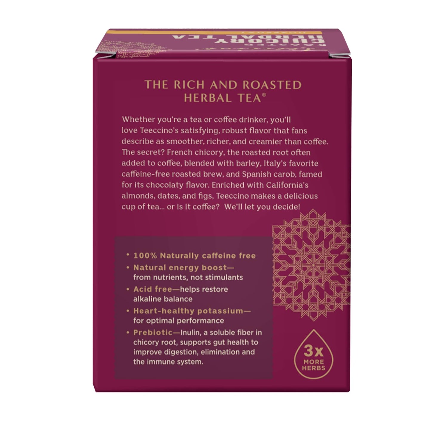 Teeccino Holiday Herbal Tea Sampler Assortment - Candy Cane, Gingerbread, Snickerdoodle - Caffeine-Free Holiday Dessert Teas with Prebiotic Chicory, 12 Tea Bags