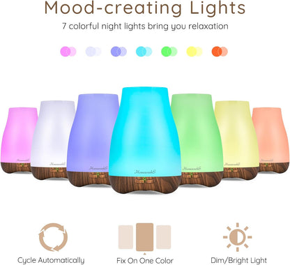 Homeweeks Diffusers, 100ml Colorful Essential Oil Diffuser with Adjustable Mist Mode, Auto Off Aroma for Bedroom/Office/Trip (100 ML 1 Pack)