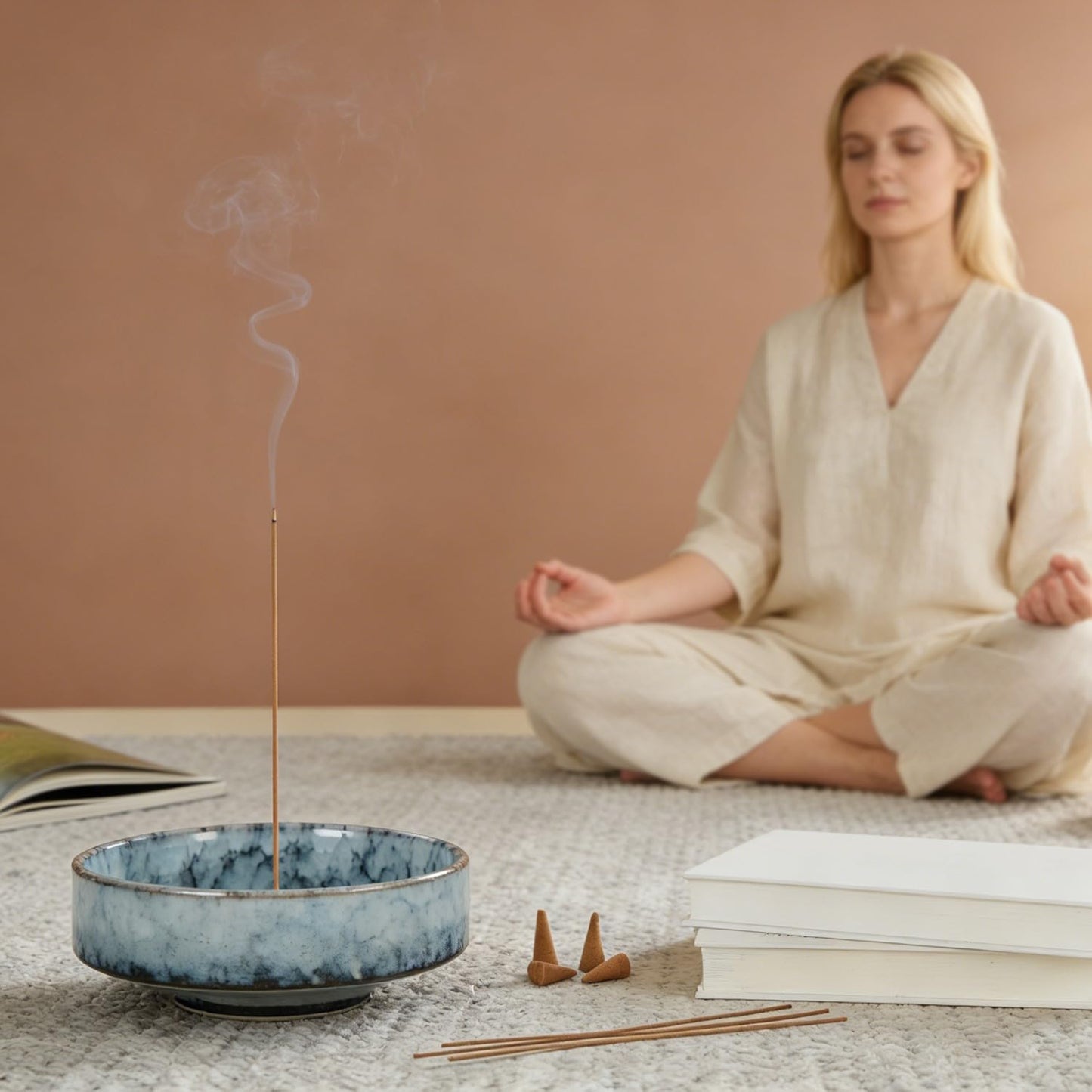 6" Ceramic Incense Holder for Sticks with 10 Holes,5in1 Handmade Flambé Glaze Incense Burner Bowl Ash Catcher for Stick,Coil,Cone,Sage,Palo Santo,Candle - Ideal for Yoga Spa Meditation Home Décor