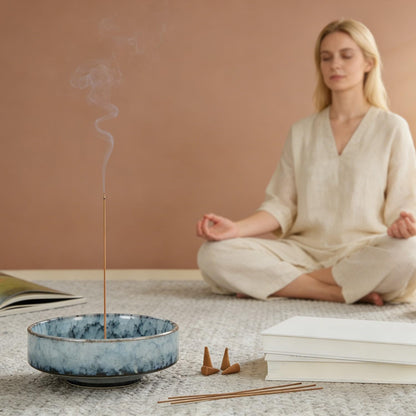 6" Ceramic Incense Holder for Sticks with 10 Holes,5in1 Handmade Flambé Glaze Incense Burner Bowl Ash Catcher for Stick,Coil,Cone,Sage,Palo Santo,Candle - Ideal for Yoga Spa Meditation Home Décor