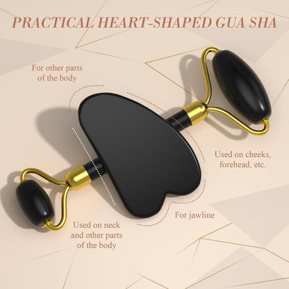 Natural Gua Sha & Jade Roller Set, Gua Sha Tool for Face & Body, Anti-Swelling Skin Tightening Home SPA Tool, Muscle Relief Safe Polished Jade, Self-Care Gift Set for Home Travel