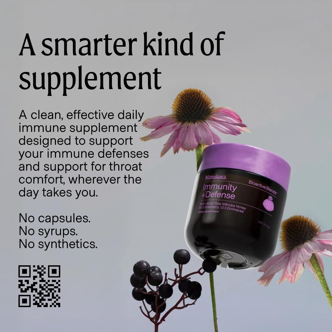 Manukora Immunity + Defense, Elderberry & Echinacea, Raw Manuka Honey, 225g